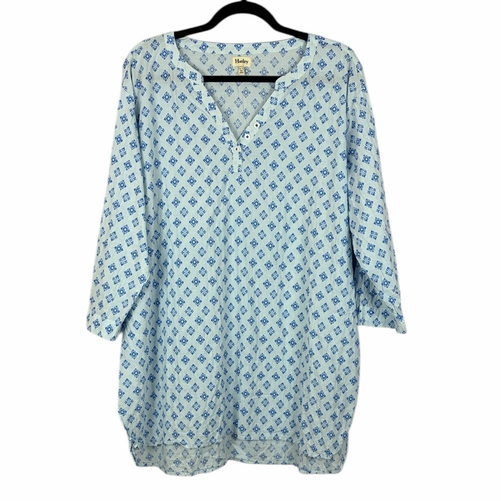 Hatley Beachy Geometric Long Sleeve V Neck Cotton Tunic Top XL Blue Coastal